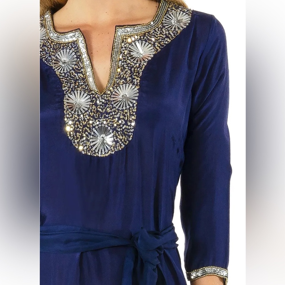 GRETCHEN SCOTT Silk Beaded Midi/Maxi Dress with Sash ✨ Starry Night Size M ✨ - Picture 6 of 16